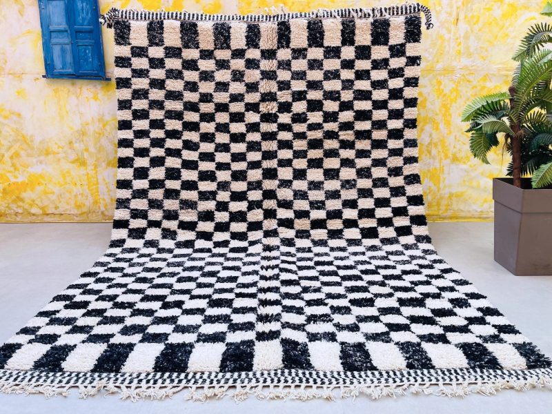 checkered area rug, 8x10 moroccan rug, black and white rug, scandinavian rug 4x6, area rug for living, 5x8 rug, hand knotted rug, woven rug, personalized carpet, traditional rug, checkered wool rug, handmade wool, white moroccan rug